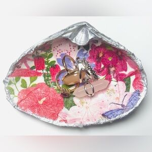 Handcrafted Scallop Shell Ring Dish Mini W/Floral Butterfly Decoupage Design.